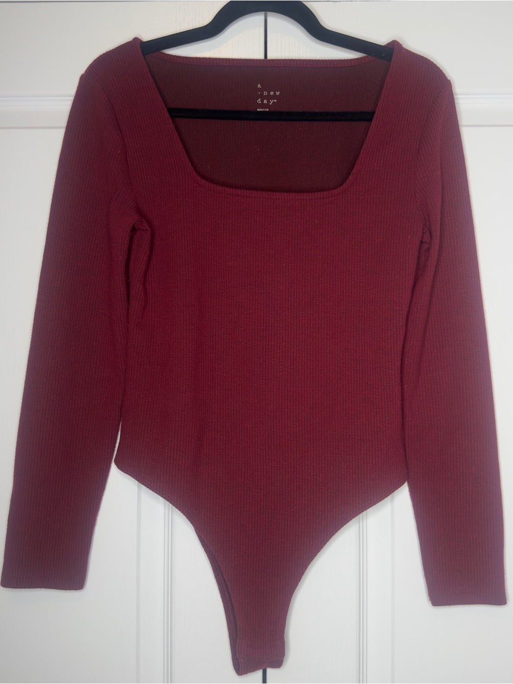 A New Day Ribbed Burgundy Square Neck Long Sleeve Bodysuit Women’s Medium